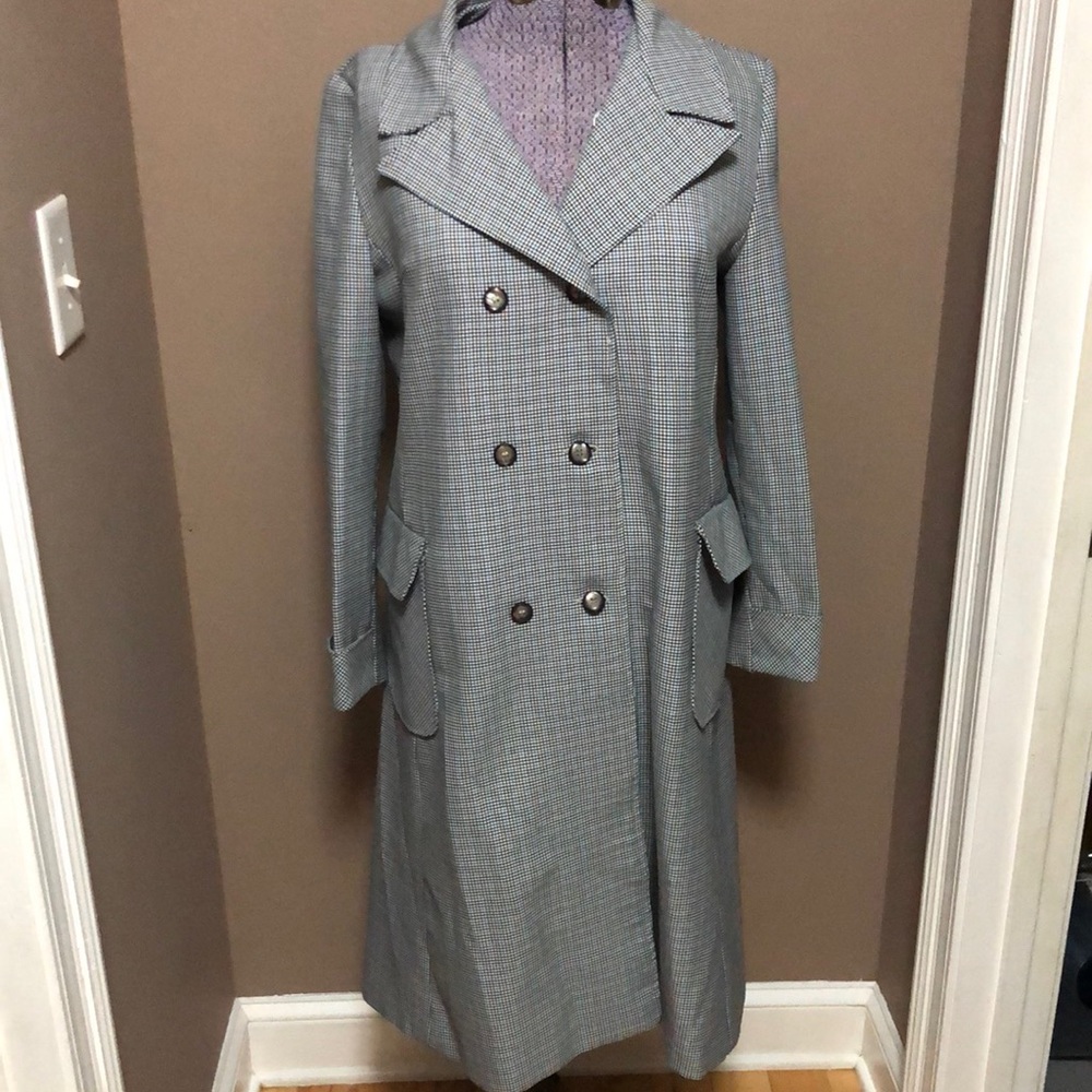 Vintage trench coat blue & black houndstooth pattern